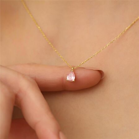 925 Ayar Gümüş Pembe Damla Taşlı Kolye