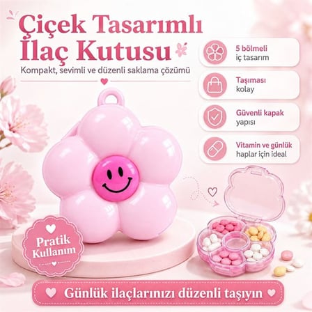 Sn-38886 Hap İlaç Saklama Kutusu 5 Bölmeli Çiçek Tasarımlı Taşınabilir Anahtarlıklı Organizatör