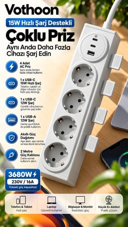 Vothoon 4’Lü Akıllı Priz Tek Dokunuşla Fiş Çıkarma 2 Metre Kablo 2 Type-C + Usb 15W Hızlı Şarj 3680W