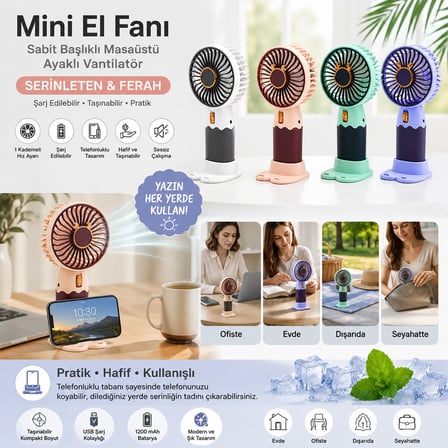 Usb Şarjlı Mini El Fanı Çap:8.4 - Y:16Cm Sabit Başlık 3-Kademe Hızt Elefonluklu Masaüstü Ayak Vantil