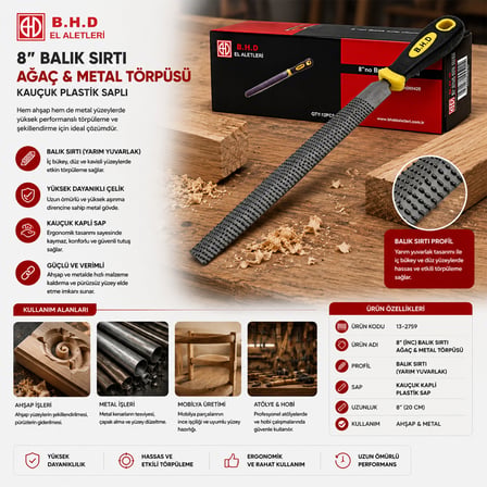 8 Inç Balık Sırtı Ağaç Ve Metal Törpüsü - Kauçuk Saplı