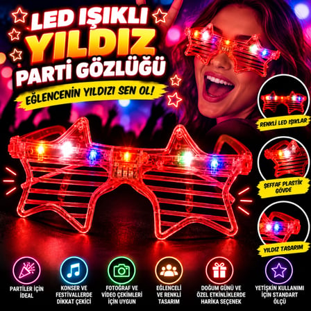 Kırmızı Led Işıklı Yıldız Parti Gözlüğü
