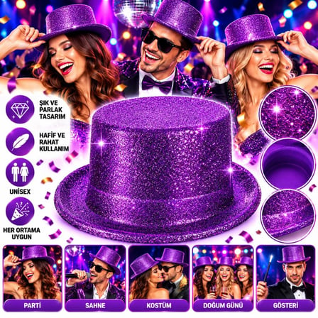 Mor Simli Glitter Silindir Parti Şapkası