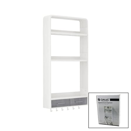 AKLLIBYİ98 Beyaz Yapışkanlı Duvar Organizeri Plastik 3 RAF=14CM-19CM-30CM - 2 ÇEKMECE=40CM - 6 Askı 19 Parça HMNG98