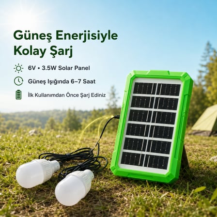 AKLLIBYİ98 6V 3.5W Solar Panel Sistemli Taşınabilir Aydınlatma Seti – 2 LED Ampullü Kamp Lambası HMNG98