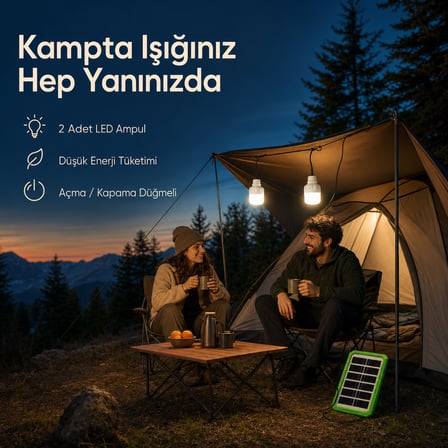 AKLLIBYİ98 6V 3.5W Solar Panel Sistemli Taşınabilir Aydınlatma Seti – 2 LED Ampullü Kamp Lambası HMNG98