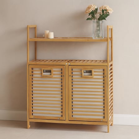 AKLLIBYİ98 Bambu Kirli Çamaşır Sepeti 2 Bölmeli 2 Kat Organizer 80x33x87 cm HMNG98
