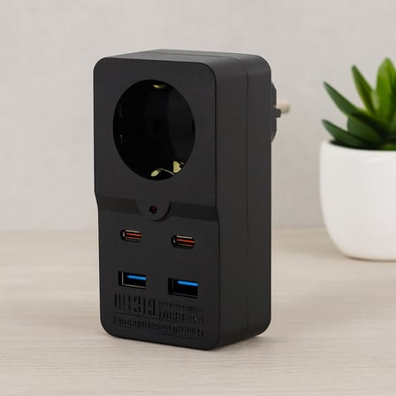 AKLLIBYİ98 Termal Akım Korumalı Duvar Prizi - 1 Priz, 2xUSB, 2xType-C (10A/2500W) Siyah HMNG98