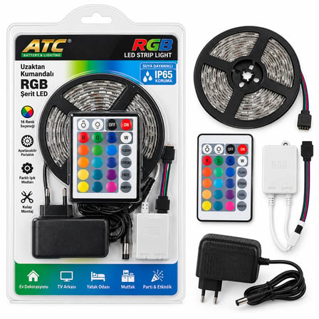 AKLLIBYİ98 5m RGB Şerit LED (IP65, Kumandalı, Adaptörlü, 54 LEDs/m, SMD2835) HMNG98