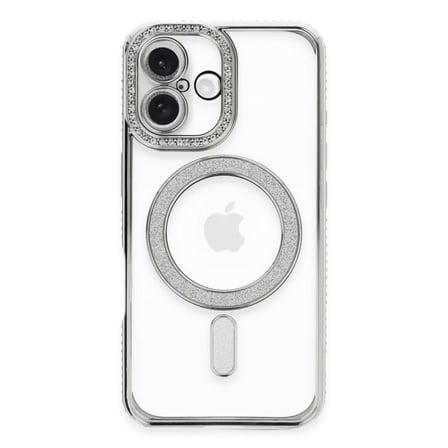 AKLLIBYİ98 Apple İphone 16 Kılıf Joke Simli Magneticsafe Kılıf - Gümüş HMNG98