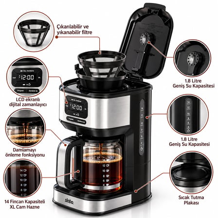 AKLLIBYİ98 2İN1 Inox - Gri Filtre Kahve Makinesi 100W 14 Fincan Kahve Kapasite 1.8LT Su Hazne Dijital Ekran SCM-9042 HMNG98