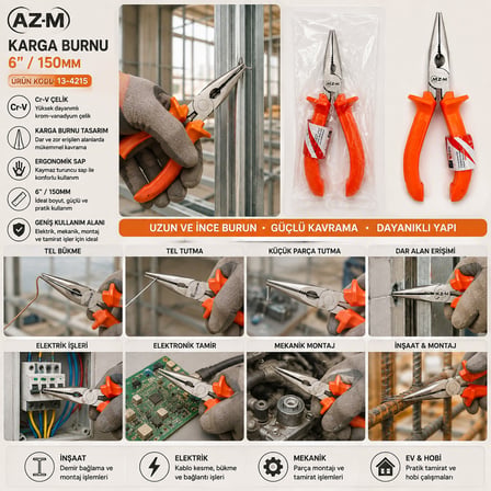 AKLLIBYİ98 150 mm Karga Burnu Pense Cr-V Turuncu Saplı HMNG98