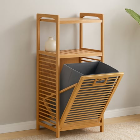 AKLLIBYİ98 2 Katlı Bambu Çamaşır Sepeti Önden Çek-Aç Organizer 40x35x95 cm HMNG98
