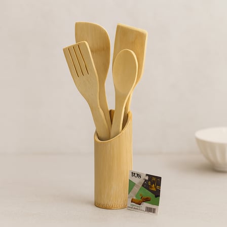 AKLLIBYİ98 Ahşap Bambu Mutfak Servis Seti 5 Parça (Kaşık, Çatal, 2 Spatula, Stand) 27.5/30 cm HMNG98