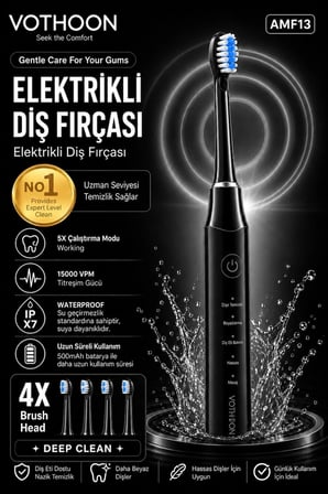 AKLLIBYİ98 Şarjlı Diş Fırçası 15000 Vpm Titreşim Gücü, 500mah Batarya, 5 Temizlik Modu Siyah HMNG98