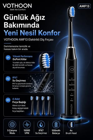 AKLLIBYİ98 Şarjlı Diş Fırçası 15000 Vpm Titreşim Gücü, 500mah Batarya, 5 Temizlik Modu Siyah HMNG98
