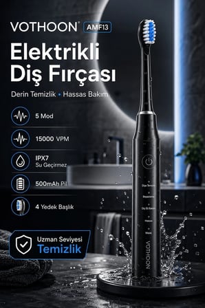 AKLLIBYİ98 Şarjlı Diş Fırçası 15000 Vpm Titreşim Gücü, 500mah Batarya, 5 Temizlik Modu Siyah HMNG98