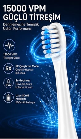 AKLLIBYİ98 Şarjlı Diş Fırçası 15000 Vpm Titreşim Gücü, 500mah Batarya, 5 Temizlik Modu Siyah HMNG98