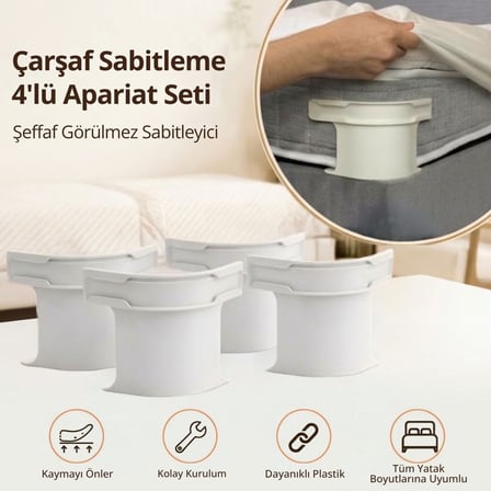 AKLLIBYİ98 4'lü Çarşaf Sabitleyici Kaydırmaz Aparat, Dört Köşeden Kilitleyen Şeffaf Akıllı Çarşaf Tutucu Sistem HMNG98
