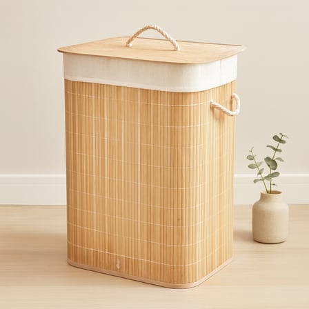 AKLLIBYİ98 Bambu Kirli Çamaşır Sepeti 40x30x60 cm - Kapaklı İpli Kumaş Torbalı HMNG98