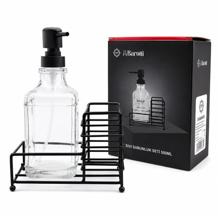 AKLLIBYİ98 Cam Sıvı Sabunluk 500 ml Siyah Metal Stand ve Pompa HMNG98