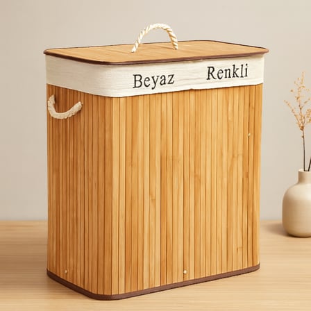 AKLLIBYİ98 Bambu Ahşap 2 Bölmeli Çamaşır Sepeti 52x32x62 cm HMNG98