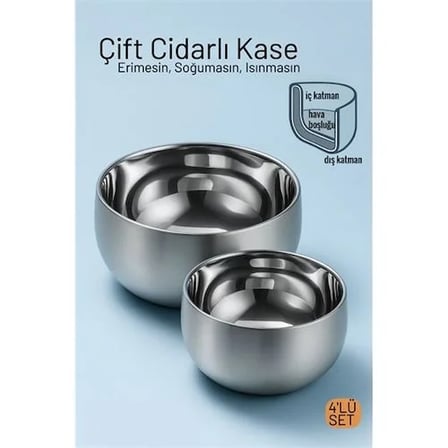 Çift Cidarlı Isı Yalıtımlı 4'Lü Lüks Kase Seti (16Cm & 18Cm) Premium 304 Paslanmaz Çelik 722668