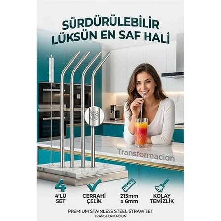 Paslanmaz Çelik Metal Pipet Seti 4'Lü - Yıkanabilir Fırçalı Çevre Dostu Pipet 723136