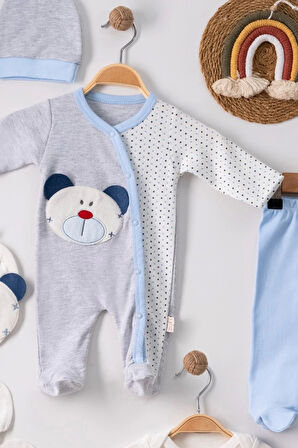 3 Ay Ayıcıklı Tulumlu Erkek Bebek 5'li Set Mavi