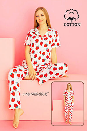 Kadın Pijama Takımı %100 Pamuklu Gömlek ve Pijama Seti
