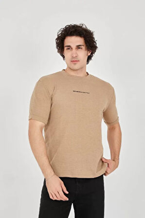 AKNButik Unisex Jakar Kumaş Slim Fit T-Shirt - Kahverengi