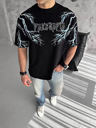 AKNButik Unisex Bisiklet Yaka Baskılı Oversize T-Shirt-Siyah