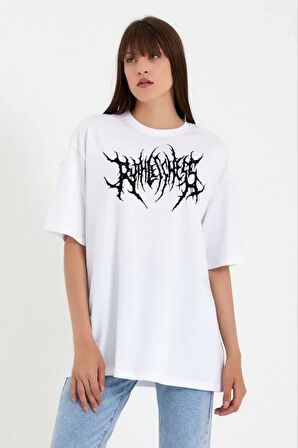 AKNButik Unisex Bisiklet Yaka Baskılı Oversize T-Shirt - Beyaz