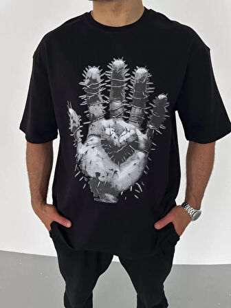 AKNButik Unisex Bisiklet Yaka Baskılı Oversize T-Shirt - Siyah