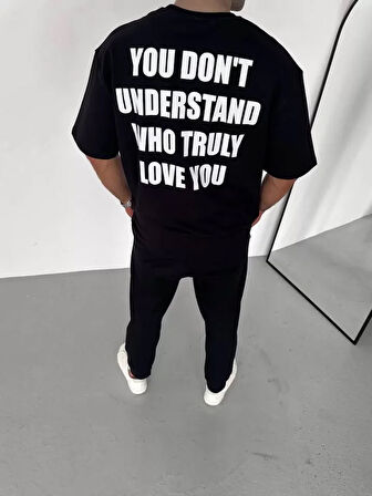 AKNButik Unisex Bisiklet Yaka Baskılı Oversize T-Shirt - Siyah