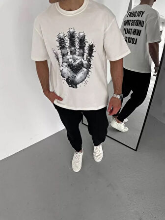 AKNButik Unisex Bisiklet Yaka Baskılı Oversize T-Shirt - Beyaz