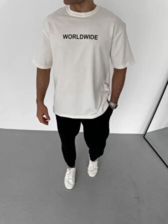 AKNButik Unisex Bisiklet Yaka Baskılı Oversize T-Shirt - Beyaz