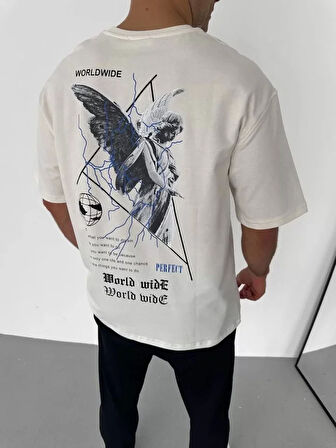 AKNButik Unisex Bisiklet Yaka Baskılı Oversize T-Shirt - Beyaz