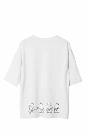 AKNButik Unisex Bisiklet Yaka Baskılı Oversize T-Shirt - Beyaz