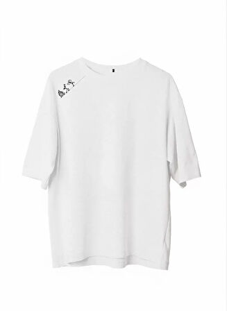 AKNButik Unisex Bisiklet Yaka Baskılı Oversize T-Shirt - Beyaz