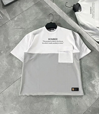 AKNButik Unisex Torba Cep Detaylı  Parçalı T-Shirt - Gri