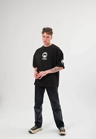 AKNButik Unisex Bisiklet Yaka Baskılı Oversize T-Shirt - Siyah