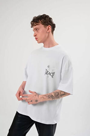AKNButik Unisex Bisiklet Yaka Baskılı Oversize T-Shirt - Beyaz