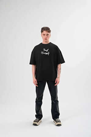 AKNButik Unisex Bisiklet Yaka Baskılı Oversize T-Shirt - Siyah