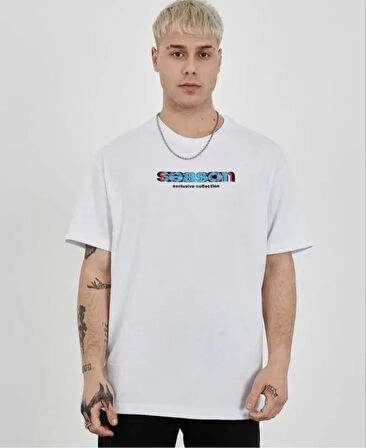 AKNButik Unisex Bisiklet Yaka Baskılı Oversize T-Shirt - Beyaz