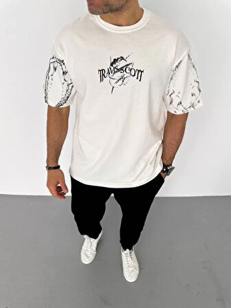 AKNButik Unisex Bisiklet Yaka Baskılı Oversize T-Shirt - Beyaz