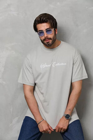 AKNButik Unisex Bisiklet Yaka Baskılı Oversize T-Shirt - Gri