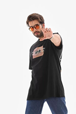 AKNButik Unisex Bisiklet Yaka Baskılı Oversize T-Shirt - Siyah