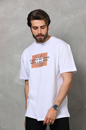 AKNButik Unisex Bisiklet Yaka Baskılı Oversize T-Shirt - Beyaz