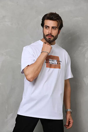 AKNButik Unisex Bisiklet Yaka Baskılı Oversize T-Shirt - Beyaz